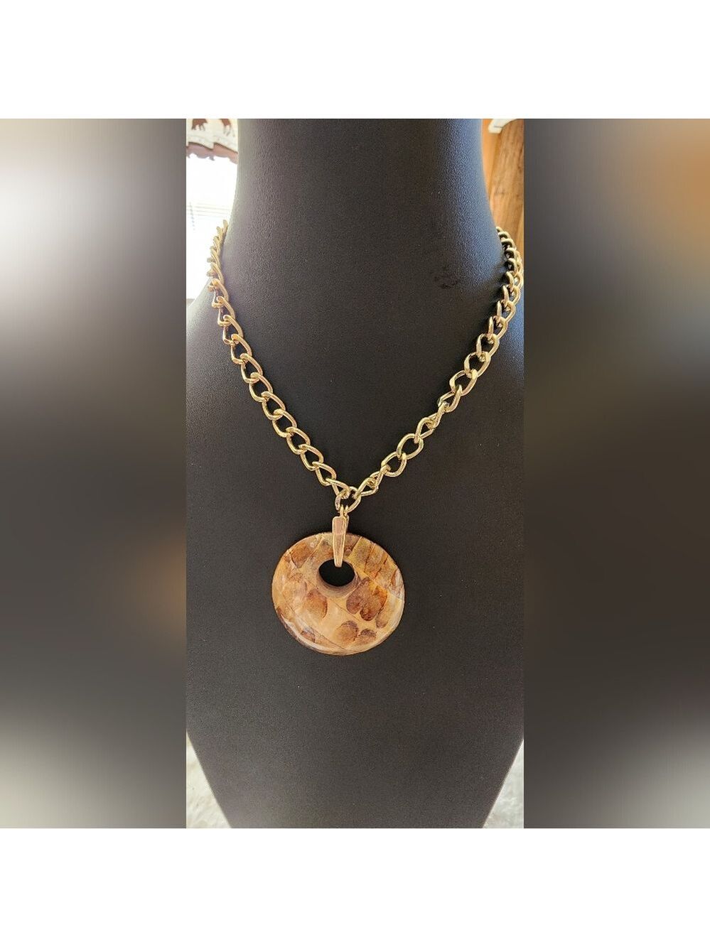 Bold Statement Necklace with Gold Chain & Natural Brown Disk Pendant